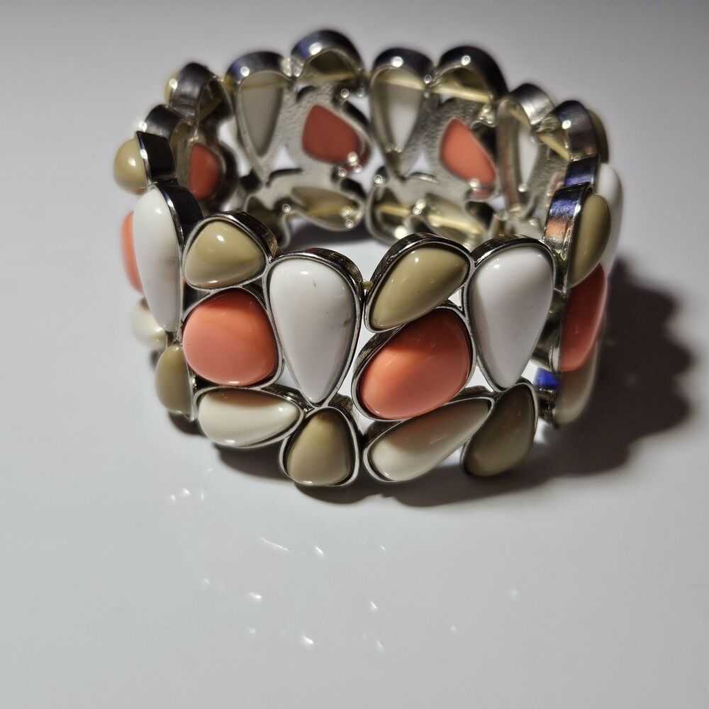 Silver Tone Chunky Pink Tan White Bead Stretch Bracelet 7.5" - Picture 12 of 12